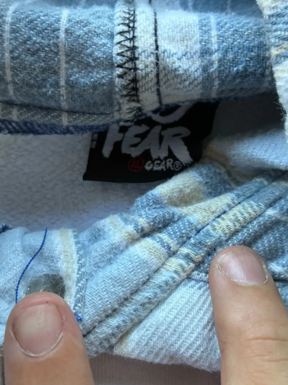 Vintage 90s No Fear Gear White Hoodie Plaid Flannel Lined Hood Snaps XL